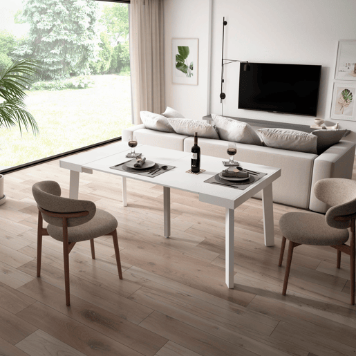 Mesa Consola Extensível, Cozinha, Sala de jantar, 180x90x73cm, Para 8 pessoas, Pés de madeira, Estilo moderno, Branco Mesa Consola Extensível, Cozinha, Sala de jantar, 180x90x73cm, Para 8 pessoas, Pés de madeira, Estilo moderno, Branco