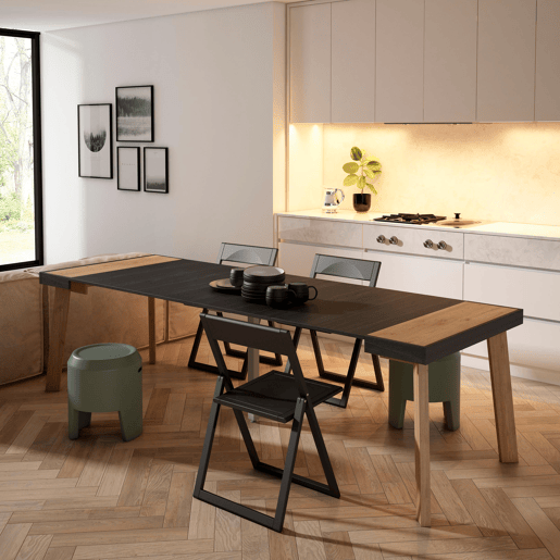 Mesa Consola Extensível, Cozinha, Sala de jantar, 262x90x73cm, Para 12 pessoas, Pés de madeira, Estilo moderno, Carvalho e preto