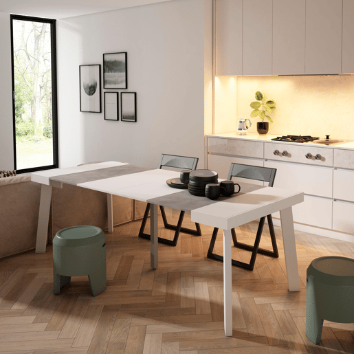 Mesa Consola Extensível, Cozinha, Sala de jantar, 222x90x73cm, Para 10 pessoas, Pés de madeira, Estilo moderno, Branco e cinzento