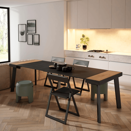 Mesa Consola Extensível, Cozinha, Sala de jantar, 262x90x73cm, Para 12 pessoas, Pés de madeira, Estilo moderno, Carvalho e preto