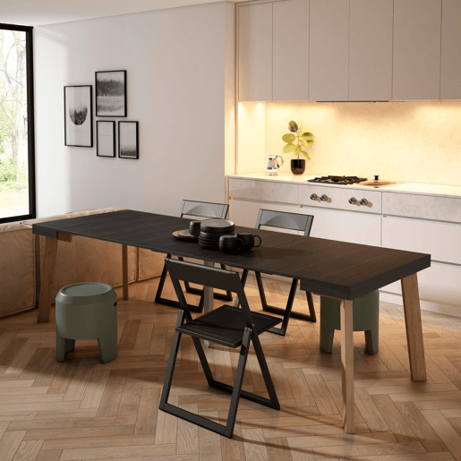 Mesa Consola Extensível, Cozinha, Sala de jantar, 262x90x73cm, Para 12 pessoas, Pés de madeira, Estilo moderno, Preto