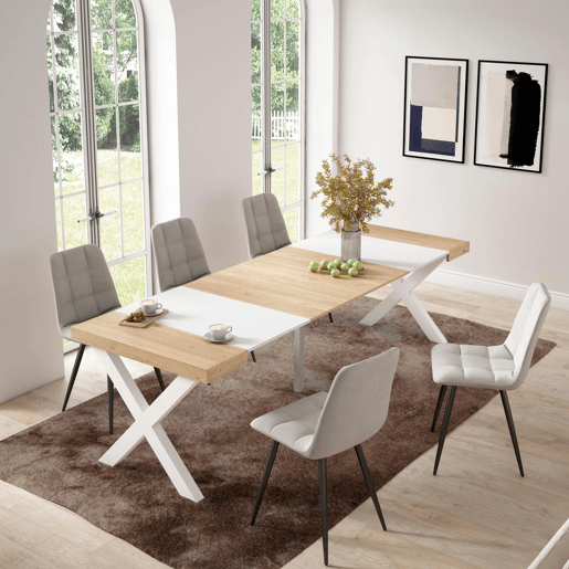 Mesa Consola Extensível, Cozinha, Sala de jantar, 262x90x73cm, Para 12 pessoas, Pés de madeira, Estilo moderno, Carvalho e branco Mesa Consola Extensível, Cozinha, Sala de jantar, 262x90x73cm, Para 12 pessoas, Pés de madeira, Estilo moderno, Carvalho e branco