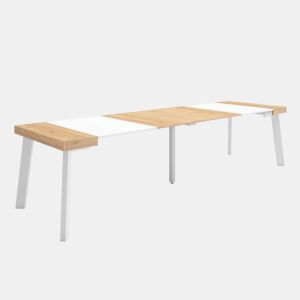 Mesa Consola Extensível, Cozinha, Sala de jantar, 302x90x73cm, Para 14 pessoas, Pés de madeira, Estilo moderno, Carvalho e branco