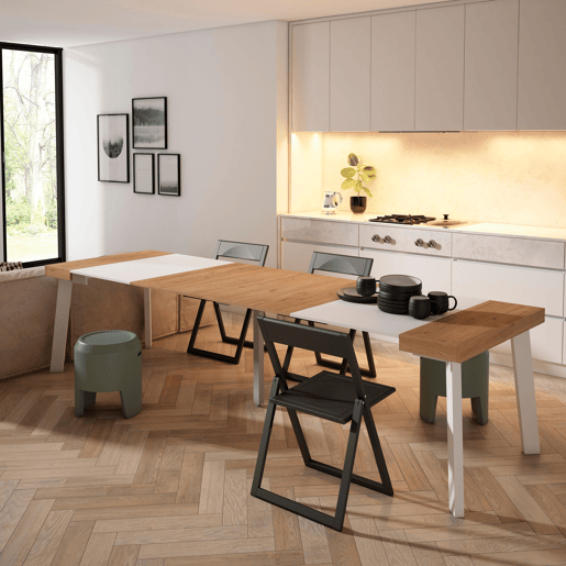 Mesa Consola Extensível, Cozinha, Sala de jantar, 302x90x73cm, Para 14 pessoas, Pés de madeira, Estilo moderno, Carvalho e branco Mesa Consola Extensível, Cozinha, Sala de jantar, 302x90x73cm, Para 14 pessoas, Pés de madeira, Estilo moderno, Carvalho e branco