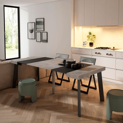 Mesa Consola Extensível, Cozinha, Sala de jantar, 222x90x73cm, Para 10 pessoas, Pés de madeira, Estilo moderno, Cimento