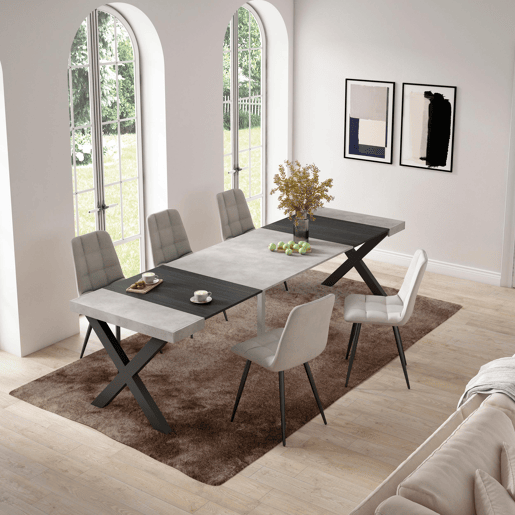 Mesa Consola Extensível, Cozinha, Sala de jantar, 302x90x73cm, Para 14 pessoas, Pés de madeira, Estilo moderno, Cimento