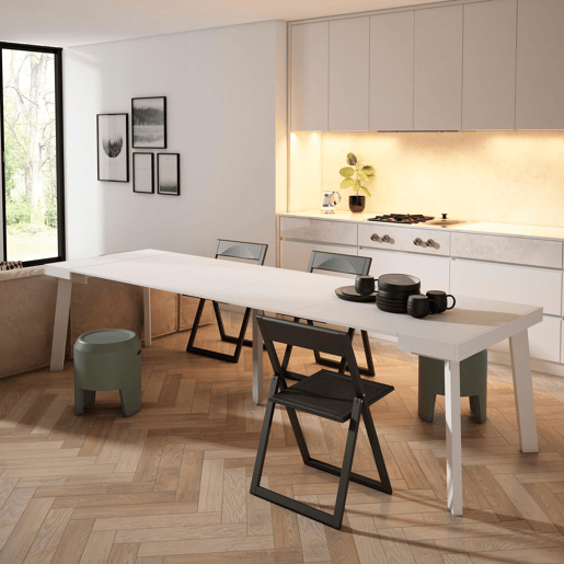 Mesa Consola Extensível, Cozinha, Sala de jantar, 302x90x73cm, Para 14 pessoas, Pés de madeira, Estilo moderno, Branco