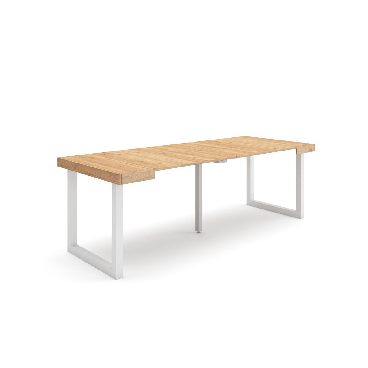 Mesa consola extensible, mesa comedor plegable, 222x90x73cm, para 10 comensales, patas madera maciza, estilo moderno, roble