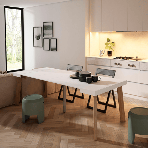 Mesa Consola Extensível, Cozinha, Sala de jantar, 222x90x73cm, Para 10 pessoas, Pés de madeira, Estilo moderno, Branco Mesa Consola Extensível, Cozinha, Sala de jantar, 222x90x73cm, Para 10 pessoas, Pés de madeira, Estilo moderno, Branco