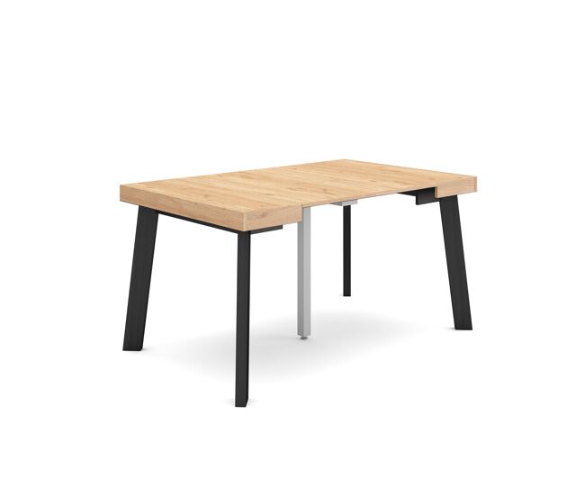 Mesa consola extensible, mesa comedor plegable, 140x90x73cm, para 6 comensales, patas de madera, estilo moderno, roble y negro
