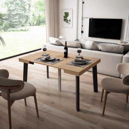 Mesa Consola Extensível, Cozinha, Sala de jantar, 140x90x73cm, Para 6 pessoas, Pés de madeira, Estilo moderno, Carvalho e preto