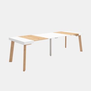 Mesa Consola Extensível, Cozinha, Sala de jantar, 302x90x73cm, Para 14 pessoas, Pés de madeira, Estilo moderno, Carvalho e branco