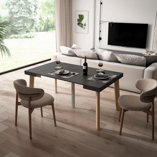 Mesa Consola Extensível, Cozinha, Sala de jantar, 160x90x73cm, Para 8 pessoas, Pés de madeira, Estilo moderno, Preto Mesa Consola Extensível, Cozinha, Sala de jantar, 160x90x73cm, Para 8 pessoas, Pés de madeira, Estilo moderno, Preto