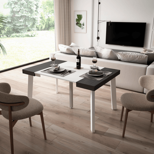 Mesa Consola Extensível, Cozinha, Sala de jantar, 140x90x73cm, Para 6 pessoas, Pés de madeira, Estilo moderno, Branco e preto