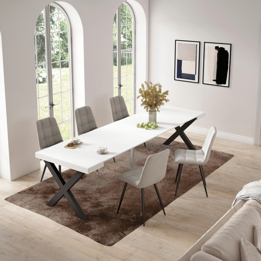 Mesa Consola Extensível, Cozinha, Sala de jantar, 302x90x73cm, Para 14 pessoas, Pés de madeira, Estilo moderno, Branco