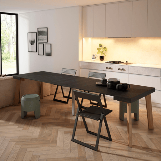 Mesa Consola Extensível, Cozinha, Sala de jantar, 302x90x73cm, Para 14 pessoas, Pés de madeira, Estilo moderno, Preto