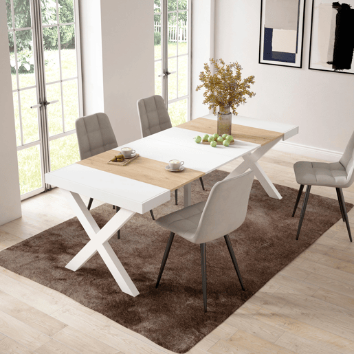 Mesa Consola Extensível, Cozinha, Sala de jantar, 222x90x73cm, Para 10 pessoas, Pés de madeira, Estilo moderno, Carvalho e branco Mesa Consola Extensível, Cozinha, Sala de jantar, 222x90x73cm, Para 10 pessoas, Pés de madeira, Estilo moderno, Carvalho e branco