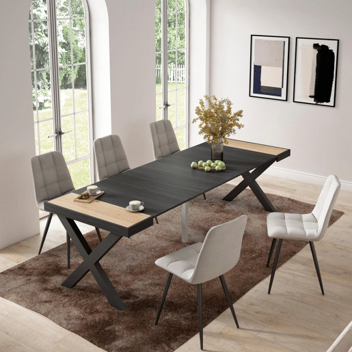 Mesa Consola Extensível, Cozinha, Sala de jantar, 262x90x73cm, Para 12 pessoas, Pés de madeira, Estilo moderno, Carvalho e preto Mesa Consola Extensível, Cozinha, Sala de jantar, 262x90x73cm, Para 12 pessoas, Pés de madeira, Estilo moderno, Carvalho e preto