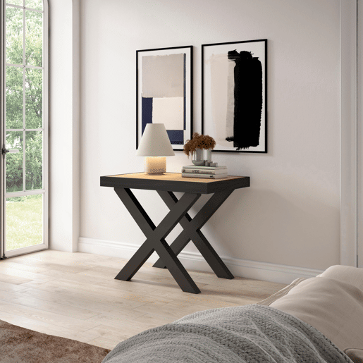 Mesa Consola Extensível, Cozinha, Sala de jantar, 262x90x73cm, Para 12 pessoas, Pés de madeira, Estilo moderno, Carvalho e preto Mesa Consola Extensível, Cozinha, Sala de jantar, 262x90x73cm, Para 12 pessoas, Pés de madeira, Estilo moderno, Carvalho e preto