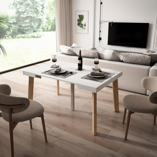 Mesa Consola Extensível, Cozinha, Sala de jantar, 140x90x73cm, Para 6 pessoas, Pés de madeira, Estilo moderno, Branco Mesa Consola Extensível, Cozinha, Sala de jantar, 140x90x73cm, Para 6 pessoas, Pés de madeira, Estilo moderno, Branco