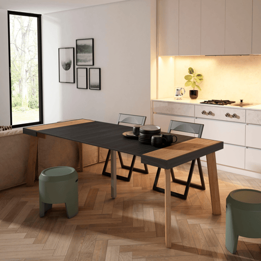 Mesa Consola Extensível, Cozinha, Sala de jantar, 222x90x73cm, Para 10 pessoas, Pés de madeira, Estilo moderno, Carvalho e preto