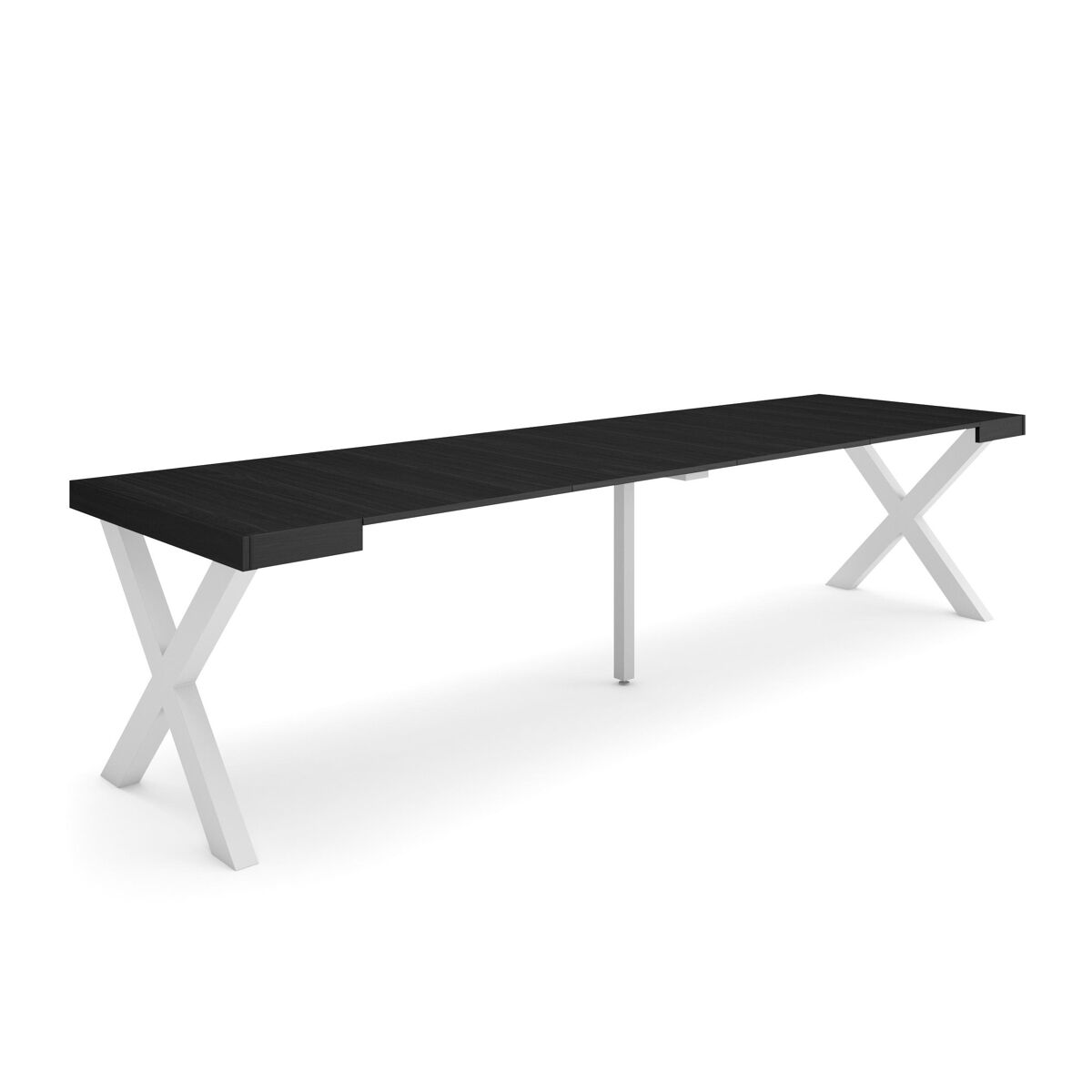 Mesa consola extensible, mesa comedor plegable, 302x90x73cm, para 14 comensales, patas madera maciza, estilo moderno, negro