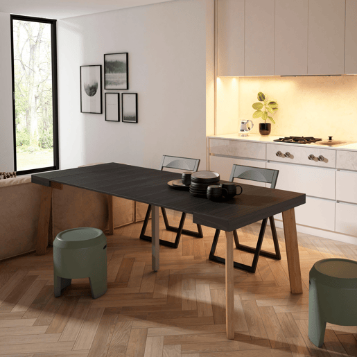 Mesa Consola Extensível, Cozinha, Sala de jantar, 222x90x73cm, Para 10 pessoas, Pés de madeira, Estilo moderno, Preto Mesa Consola Extensível, Cozinha, Sala de jantar, 222x90x73cm, Para 10 pessoas, Pés de madeira, Estilo moderno, Preto