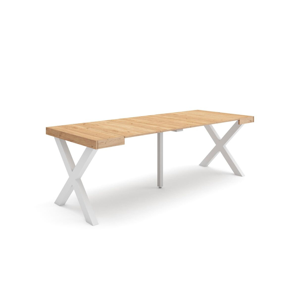Mesa consola extensible, mesa comedor plegable, 222x90x73cm, para 10 comensales, patas madera maciza, estilo moderno, roble
