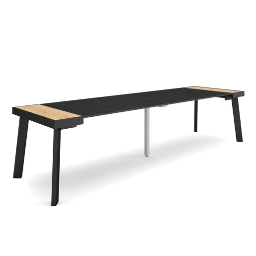 Mesa Consola Extensível, Cozinha, Sala de jantar, 302x90x73cm, Para 14 pessoas, Pés de madeira, Estilo moderno, Carvalho e preto