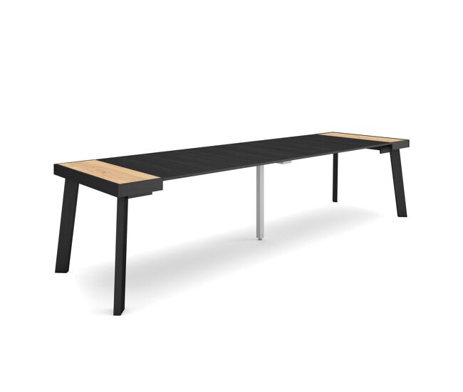 Mesa consola extensible, mesa comedor plegable, 302x90x73cm, para 14 comensales, patas de madera, estilo moderno, roble y negro