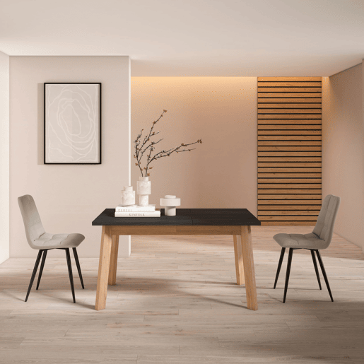 Mesa Sala de Jantar, Mesa Cozinha, 140x90x75cm, Para 6 pessoas, Pés de madeira, Carvalho e preto Mesa Sala de Jantar, Mesa Cozinha, 140x90x75cm, Para 6 pessoas, Pés de madeira, Carvalho e preto
