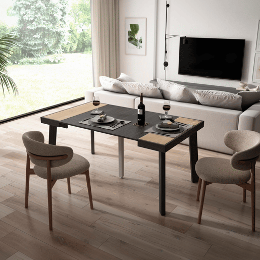 Mesa Consola Extensível, Cozinha, Sala de jantar, 160x90x73cm, Para 8 pessoas, Pés de madeira, Estilo moderno, Carvalho e preto Mesa Consola Extensível, Cozinha, Sala de jantar, 160x90x73cm, Para 8 pessoas, Pés de madeira, Estilo moderno, Carvalho e preto