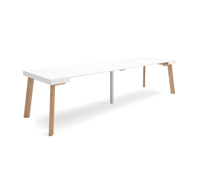 Mesa consola extensible, mesa comedor plegable, 302x90x73cm, para 14 comensales, patas de madera, estilo moderno, blanco