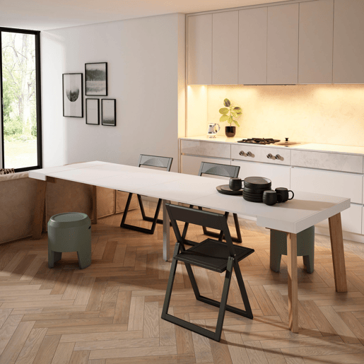 Mesa Consola Extensível, Cozinha, Sala de jantar, 302x90x73cm, Para 14 pessoas, Pés de madeira, Estilo moderno, Branco Mesa Consola Extensível, Cozinha, Sala de jantar, 302x90x73cm, Para 14 pessoas, Pés de madeira, Estilo moderno, Branco