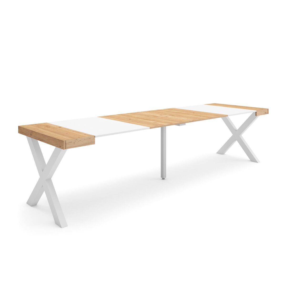 Mesa consola extensible, mesa comedor plegable, 302x90x73cm, para 14 comensales, patas madera maciza, estilo moderno, roble y blanco