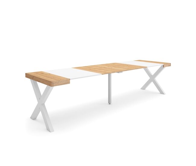 Mesa consola extensible, mesa comedor plegable, 302x90x73cm, para 14 comensales, patas madera maciza, estilo moderno, roble y blanco