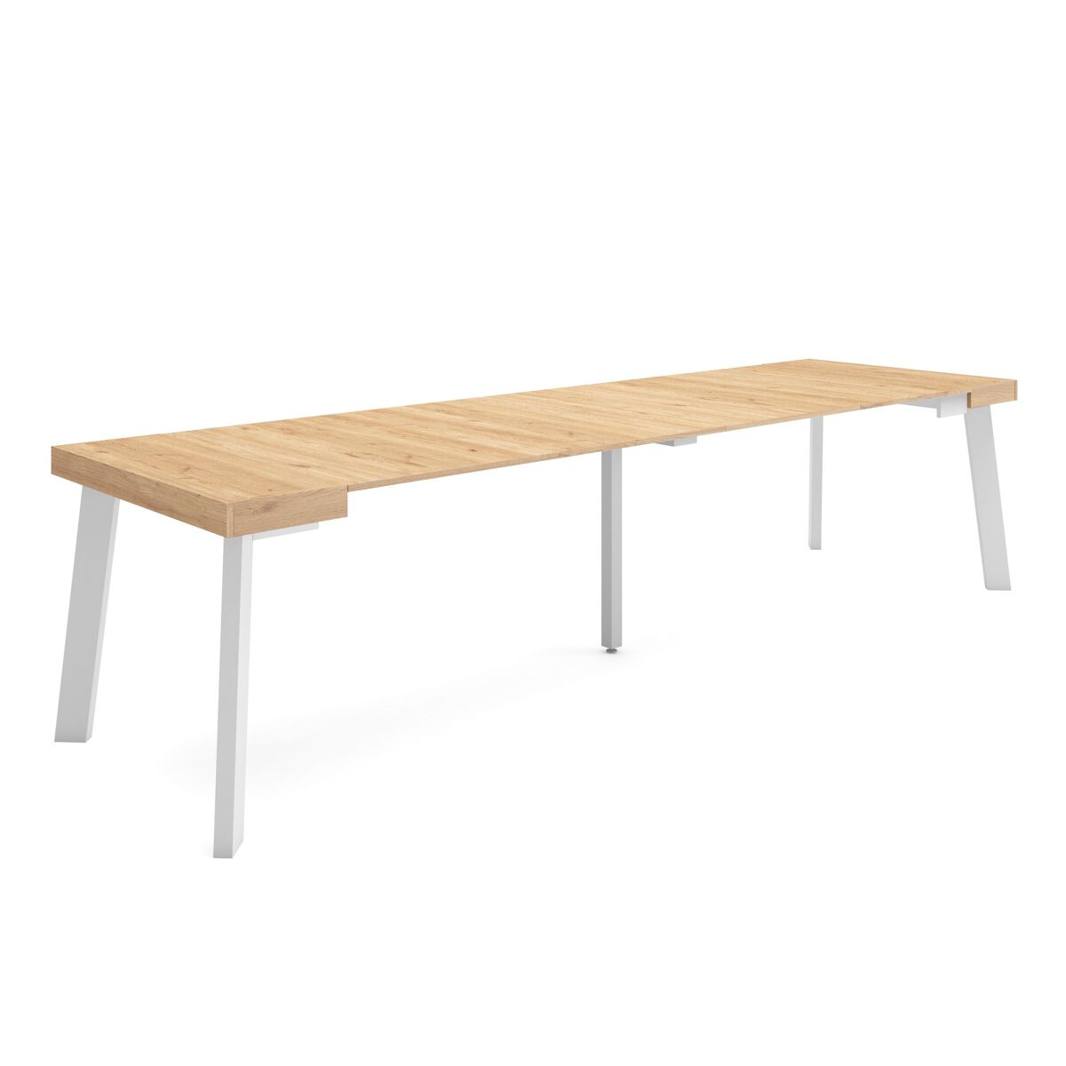 Mesa consola extensible, mesa comedor plegable, 302x90x73cm, para 14 comensales, patas de madera, estilo moderno, roble