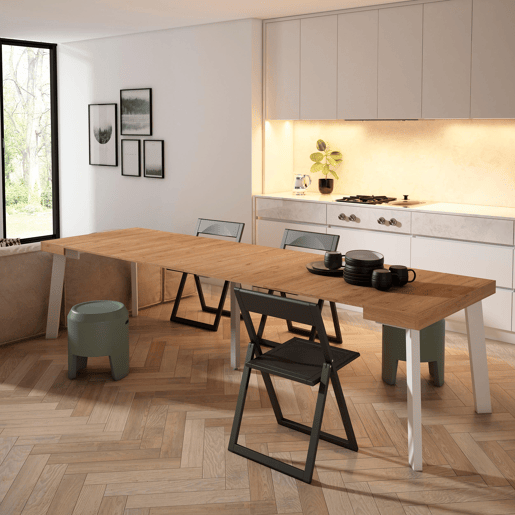 Mesa Consola Extensível, Cozinha, Sala de jantar, 302x90x73cm, Para 14 pessoas, Pés de madeira, Estilo moderno, Carvalho