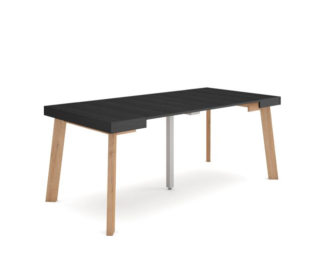 Mesa consola extensible, mesa comedor plegable, 180x90x73cm, para 8 comensales, patas de madera, estilo moderno, negro