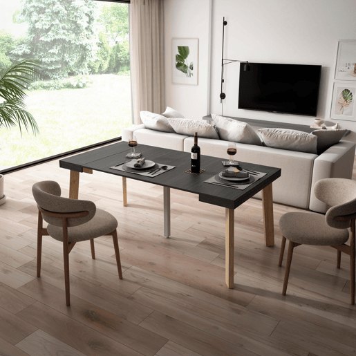 Mesa Consola Extensível, Cozinha, Sala de jantar, 180x90x73cm, Para 8 pessoas, Pés de madeira, Estilo moderno, Preto Mesa Consola Extensível, Cozinha, Sala de jantar, 180x90x73cm, Para 8 pessoas, Pés de madeira, Estilo moderno, Preto