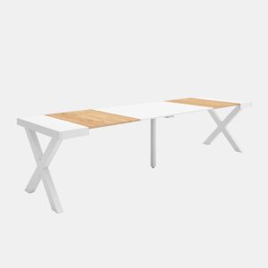 Mesa Consola Extensível, Cozinha, Sala de jantar, 302x90x73cm, Para 14 pessoas, Pés de madeira, Estilo moderno, Carvalho e branco