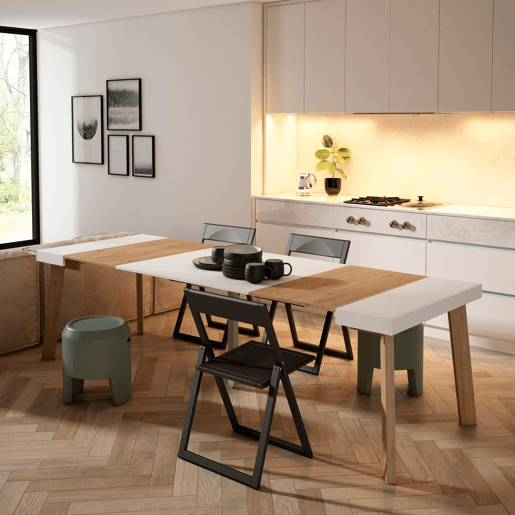 Mesa Consola Extensível, Cozinha, Sala de jantar, 262x90x73cm, Para 12 pessoas, Pés de madeira, Estilo moderno, Carvalho e branco