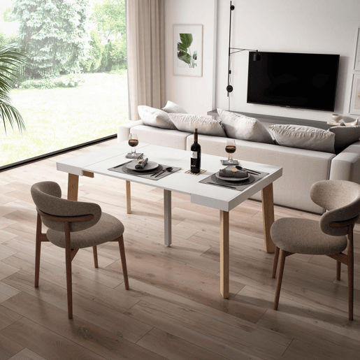 Mesa Consola Extensível, Cozinha, Sala de jantar, 160x90x73cm, Para 8 pessoas, Pés de madeira, Estilo moderno, Branco