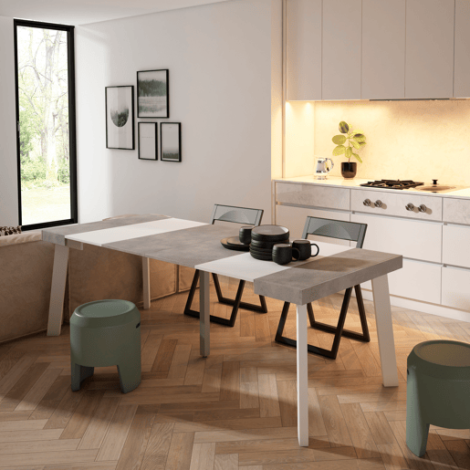 Mesa Consola Extensível, Cozinha, Sala de jantar, 222x90x73cm, Para 10 pessoas, Pés de madeira, Estilo moderno, Branco e cinzento Mesa Consola Extensível, Cozinha, Sala de jantar, 222x90x73cm, Para 10 pessoas, Pés de madeira, Estilo moderno, Branco e cinzento