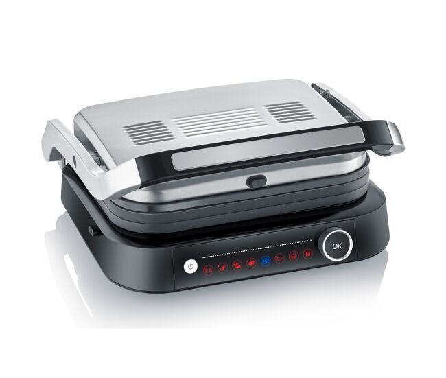 Severin - parrilla eléctrica y grill de contacto sobremesa, con 7 programas automáticos, plancha sandwichera antiadherente, parrilla de mesa con