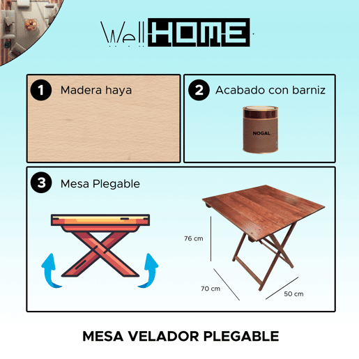 Tabela de faia dobrável, acabamento de nogueira 70x50x76 cm