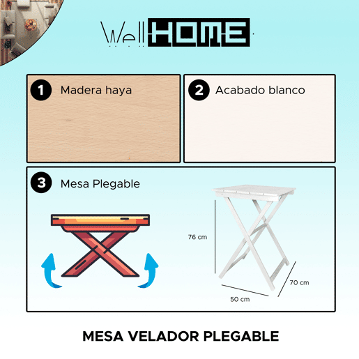 Tabela de vigília dobrável de faia, acabamento branco 70x50x76 cm