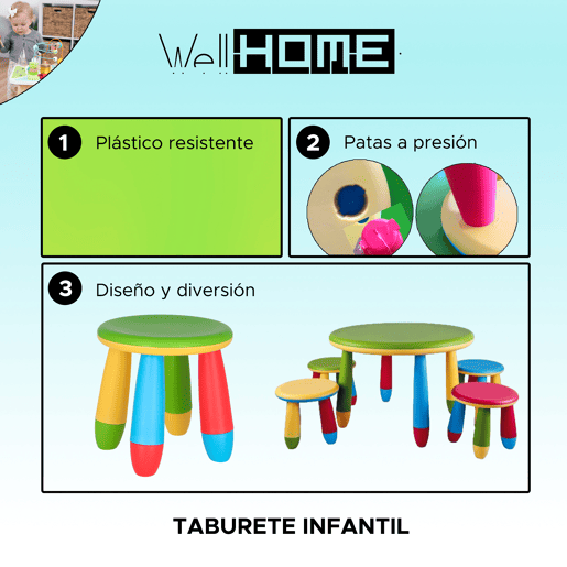 Banco para crianças verde em plástico forte e resistente, Diâmetro:30 cm x A:26 cm