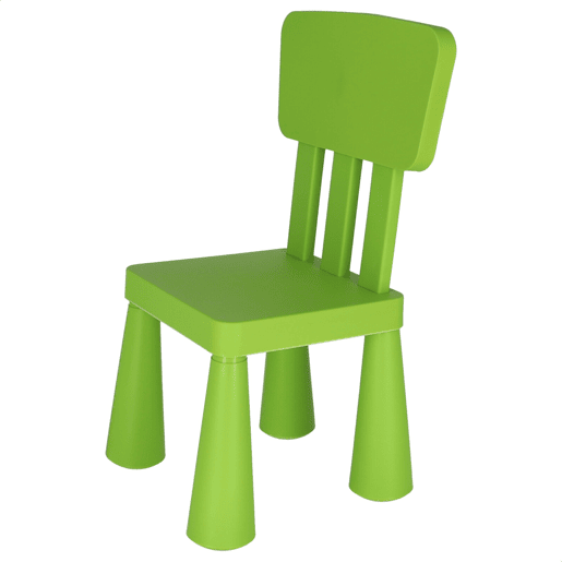 Cadeira de criança verde, de plástico forte e resistente, C:38 cm x F:35 cm x A:67 cm