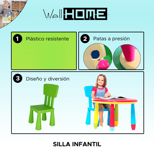 Cadeira de criança verde, de plástico forte e resistente, C:38 cm x F:35 cm x A:67 cm